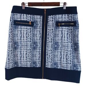 Jones New York Suit Stretch Pencil Skirt Blue White Gold Full Front Zip Size 14
